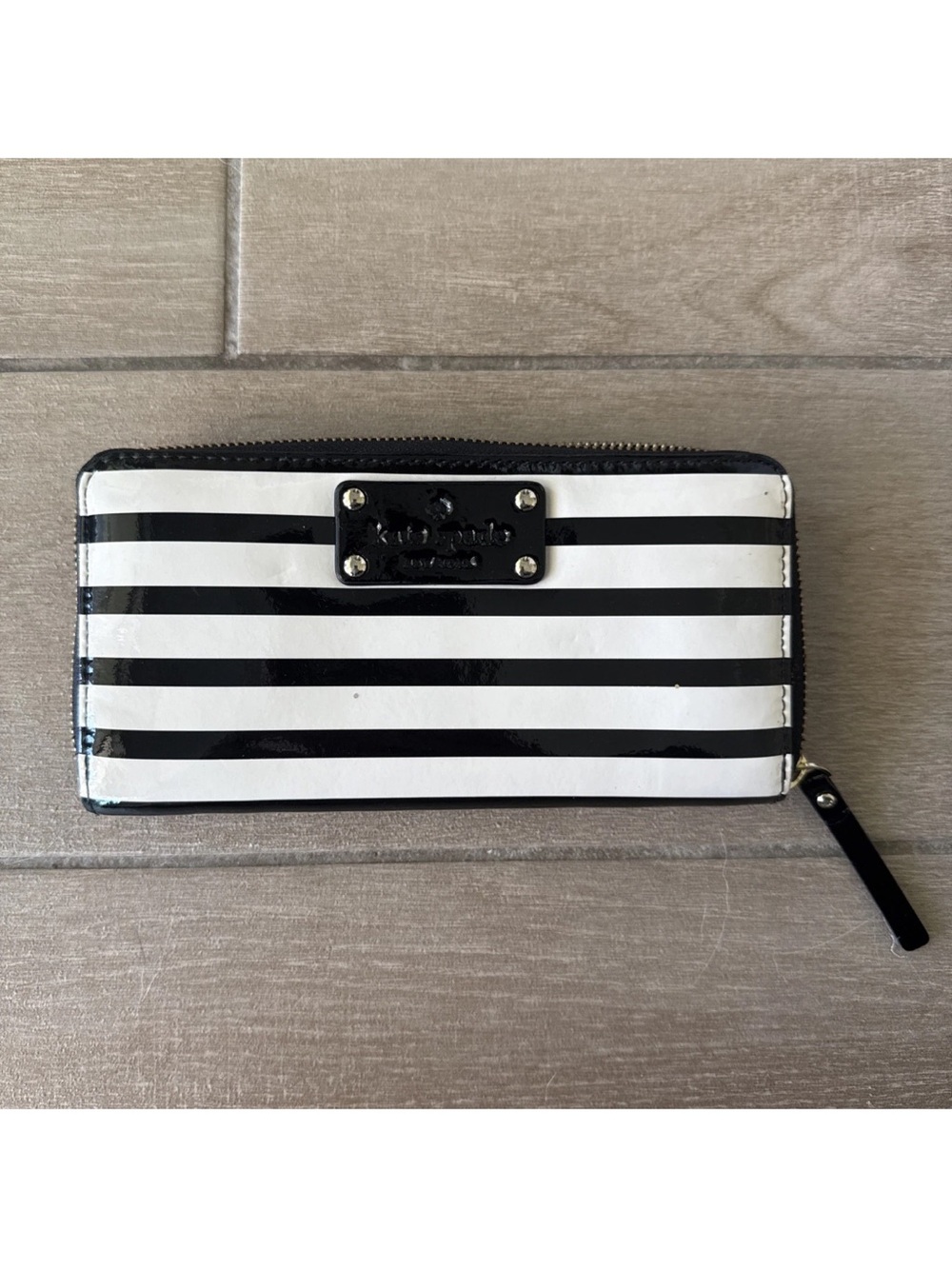 kate spade Black & White Striped Patent Zip Wallet